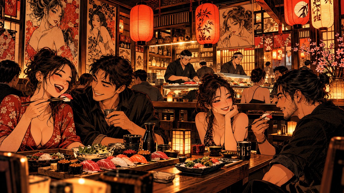 Original manga illustration of a cozy Japanese restaurant with amber lanterns and walls covered in comic posters
