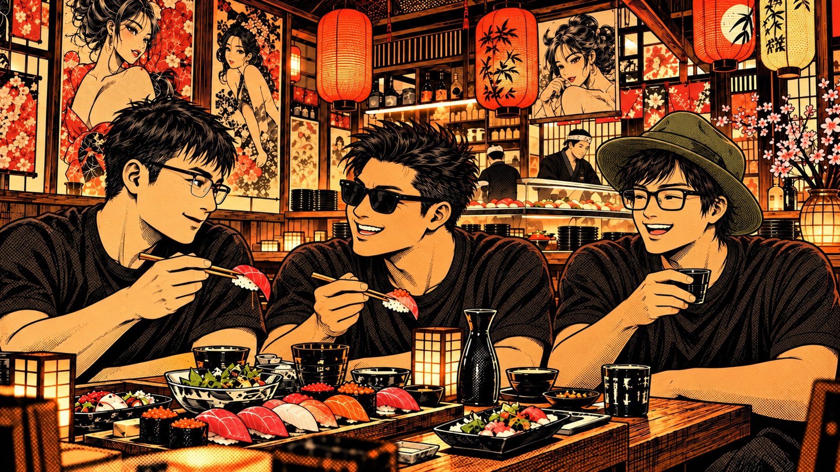 Original manga illustration of three male friends sharing sushi in a cozy restaurant with warm lanterns and manga-covered walls